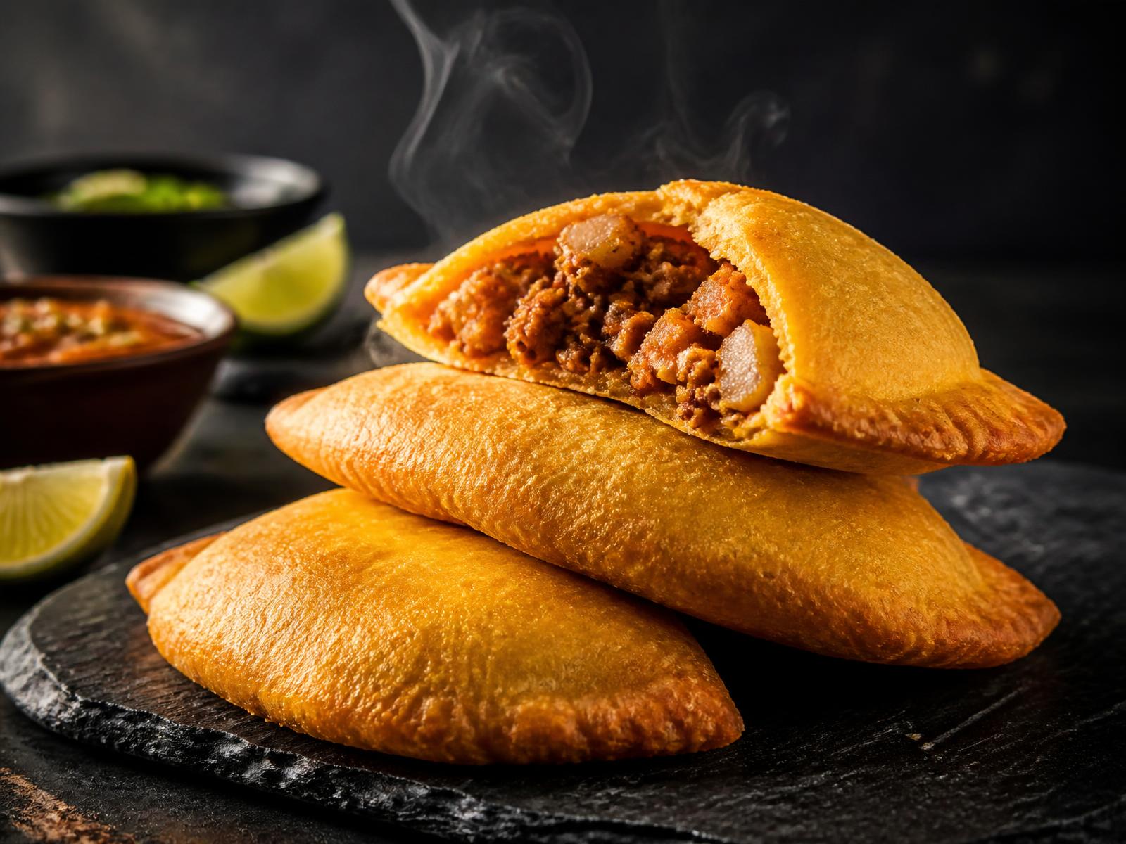 Handmade Colombian empanadas from Ms. Patty Empanadas in Nassau, Bahamas, one broken open showing beef and potato filling