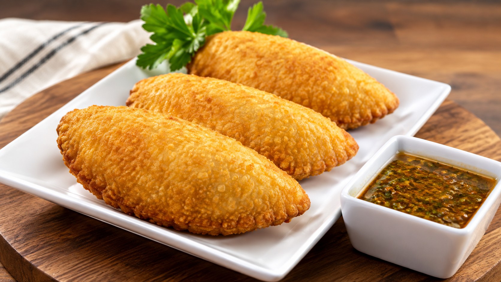Three golden Colombian empanadas on a white plate with fresh chimichurri sauce from Ms. Patty Empanadas in Nassau, Bahamas